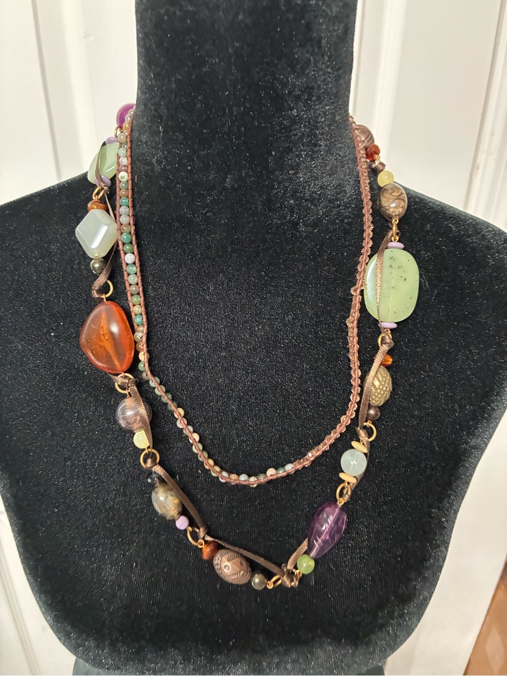 Multicolor Beaded Layered Women's Necklace - Green, Purple & Amber Accents